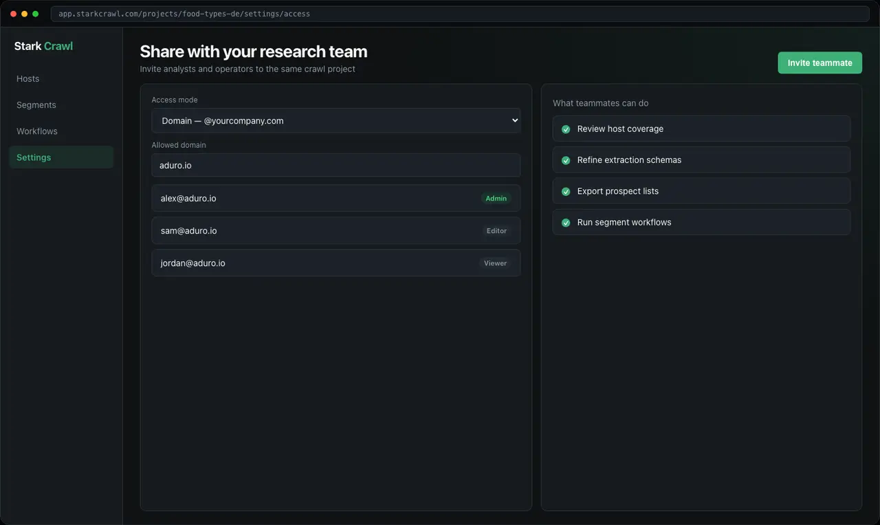 Stark Crawl access controls for sharing a crawl project with a research team